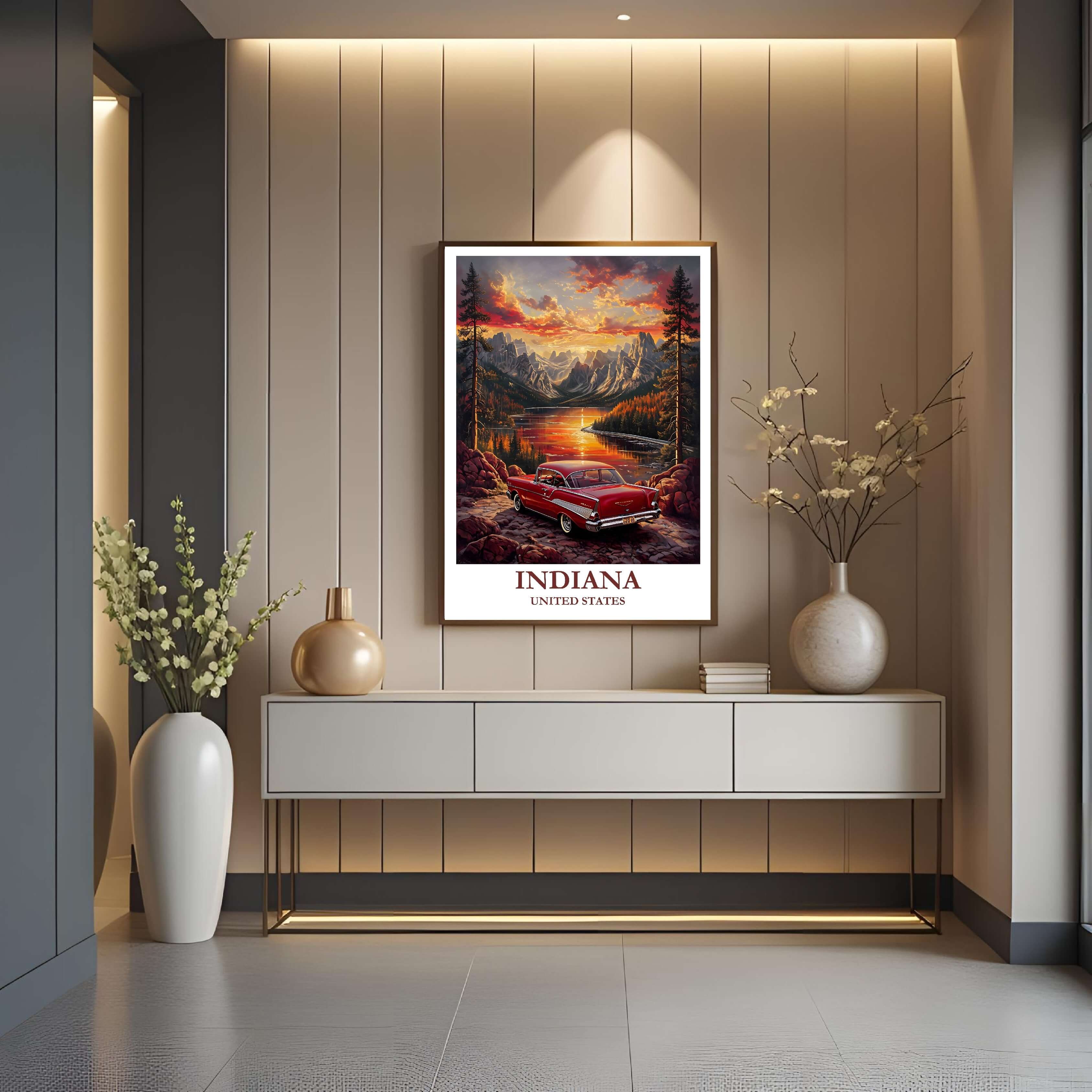 A close-up shot of the premium framed Indiana poster, highlighting the fine print quality and the detailed illustration of the car and landscape.