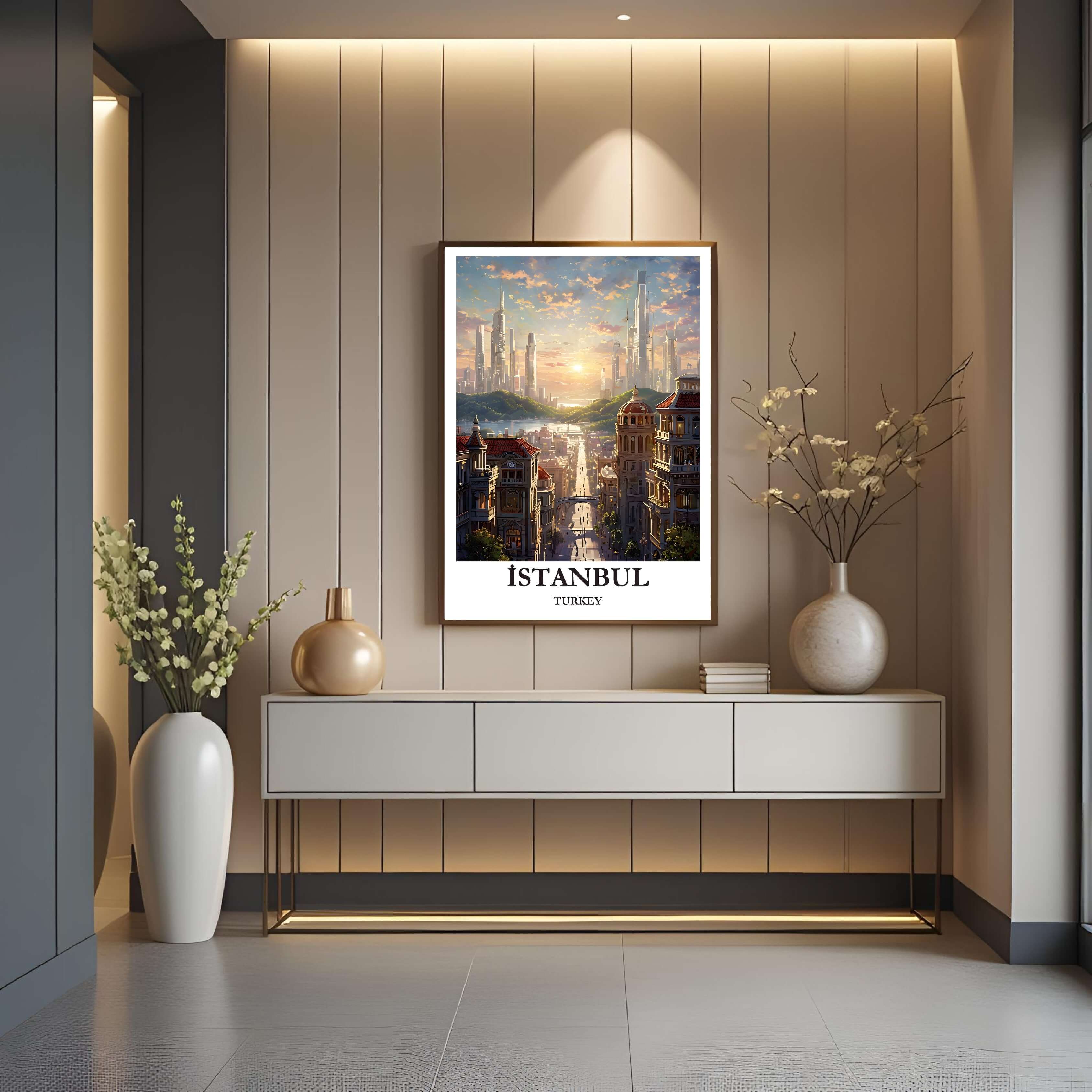 A close-up shot of the premium framed Istanbul poster, highlighting the fine print quality and the detailed illustration of the buildings.