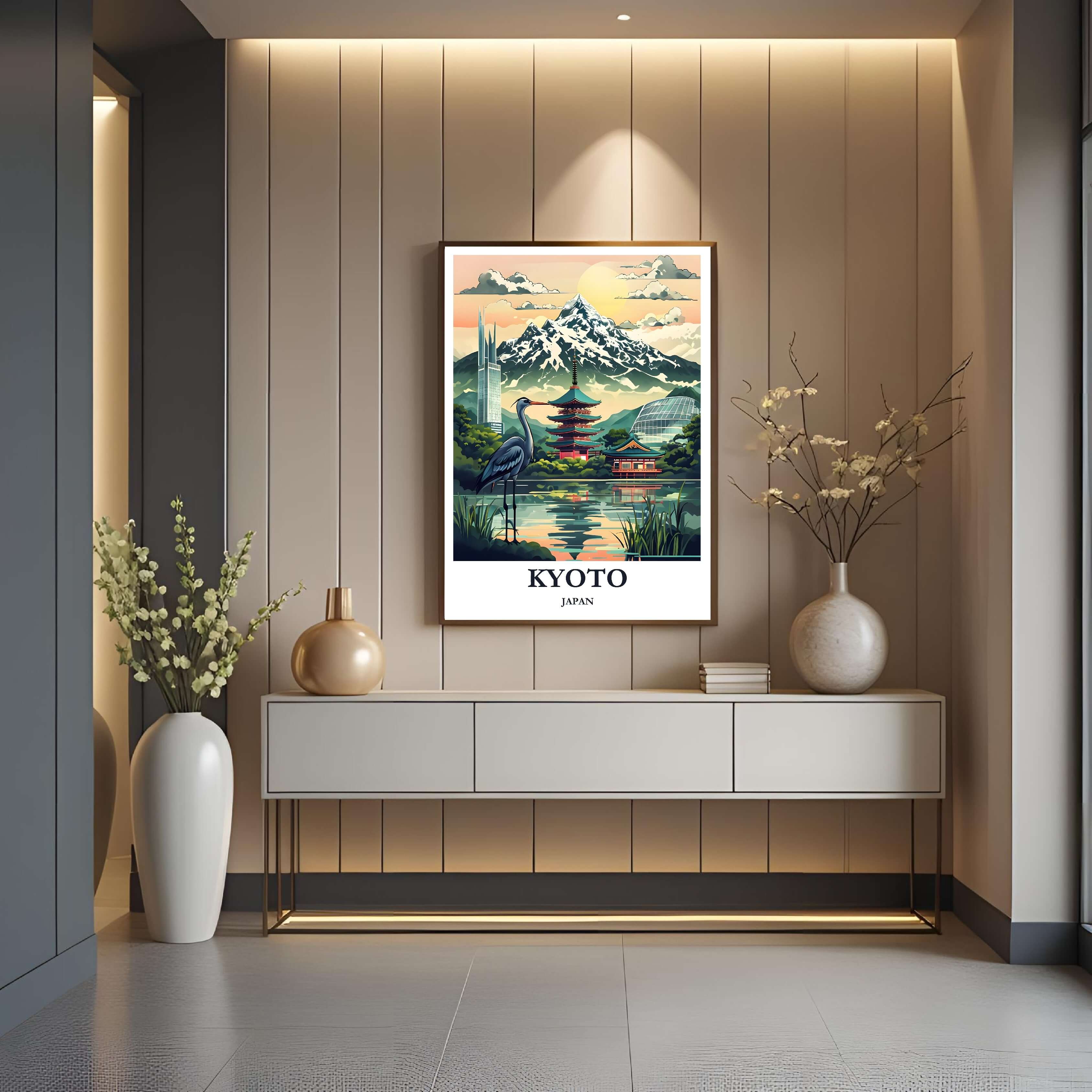 A close-up shot of the premium framed Kyoto poster, highlighting the fine print quality and the detailed illustration of the train and blossoms.