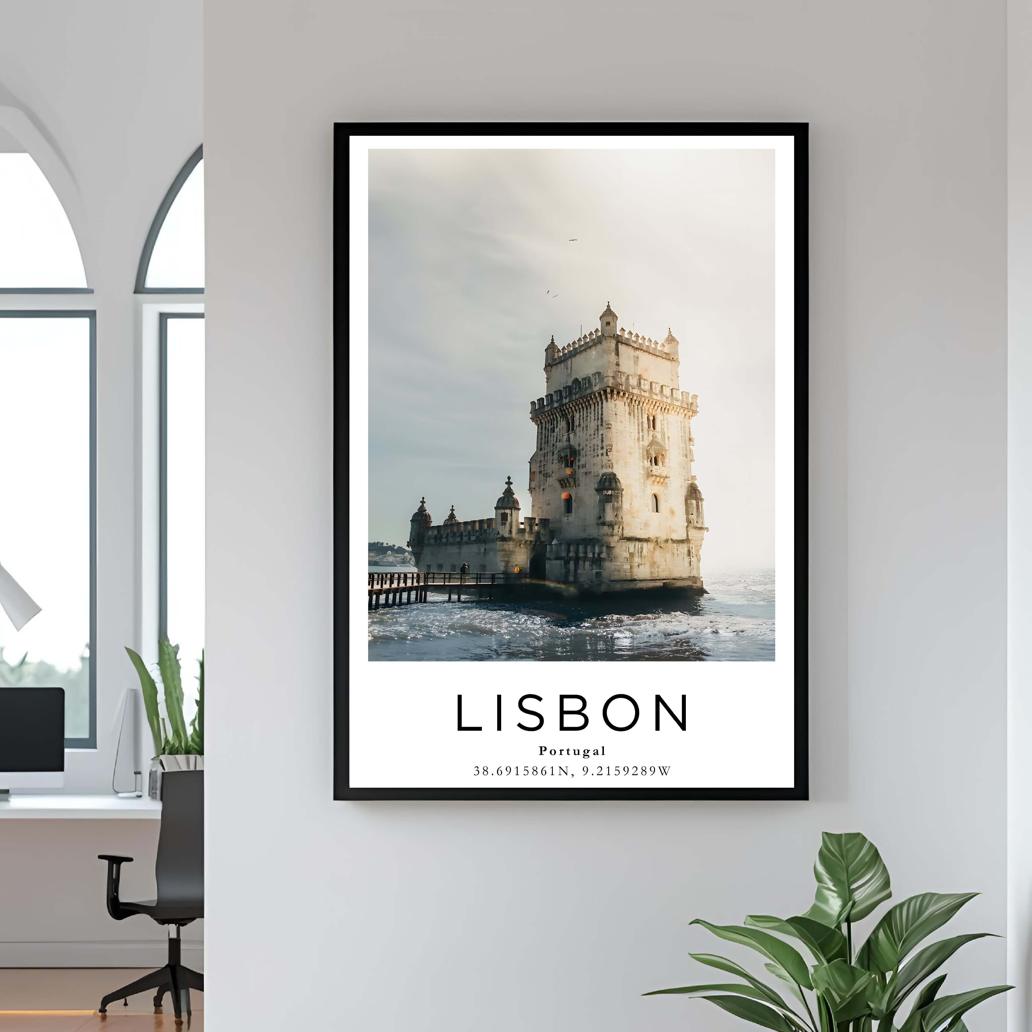  A close-up shot of the premium framed Lisbon poster, highlighting the fine print quality and the durable construction of the frame.