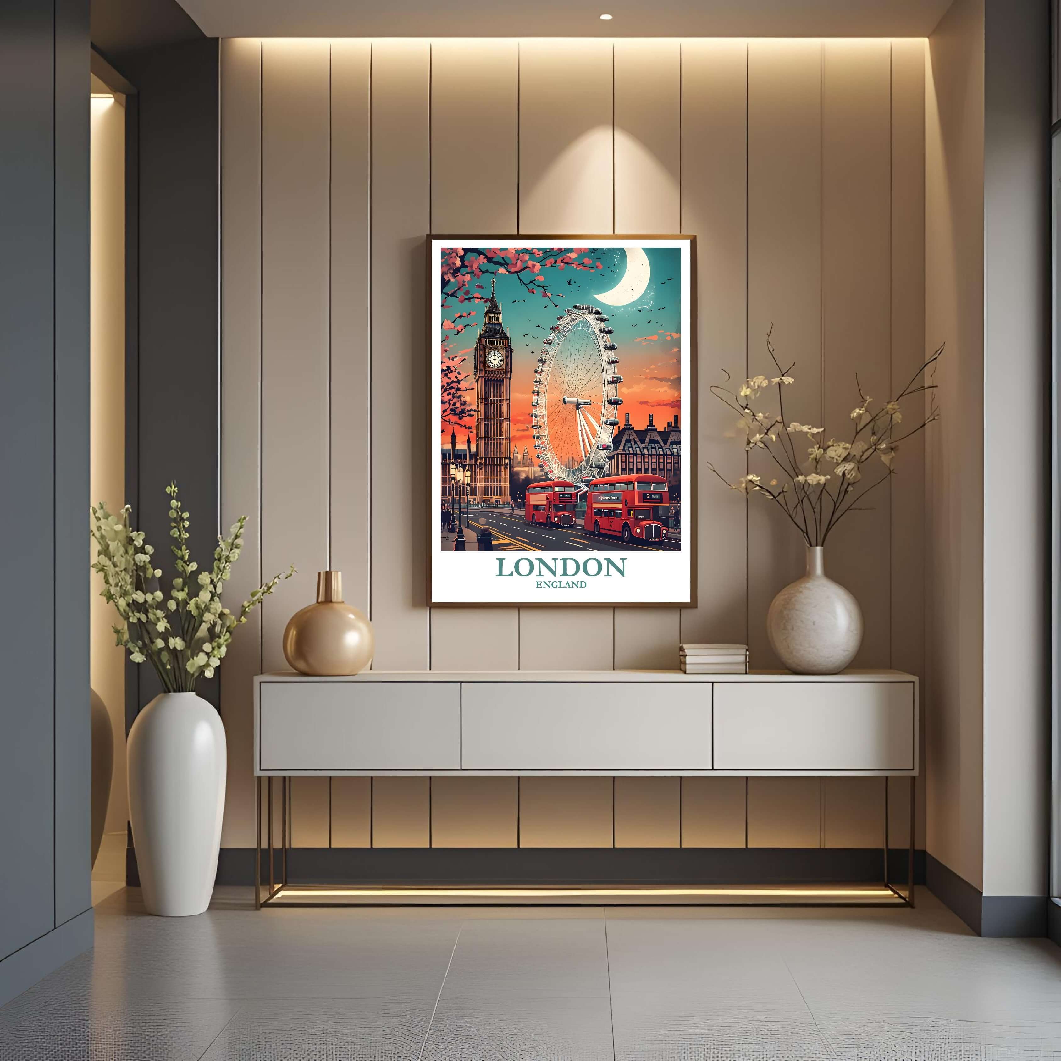 A close-up shot of the premium framed London poster, highlighting the fine print quality and the detailed illustration of the landmarks.