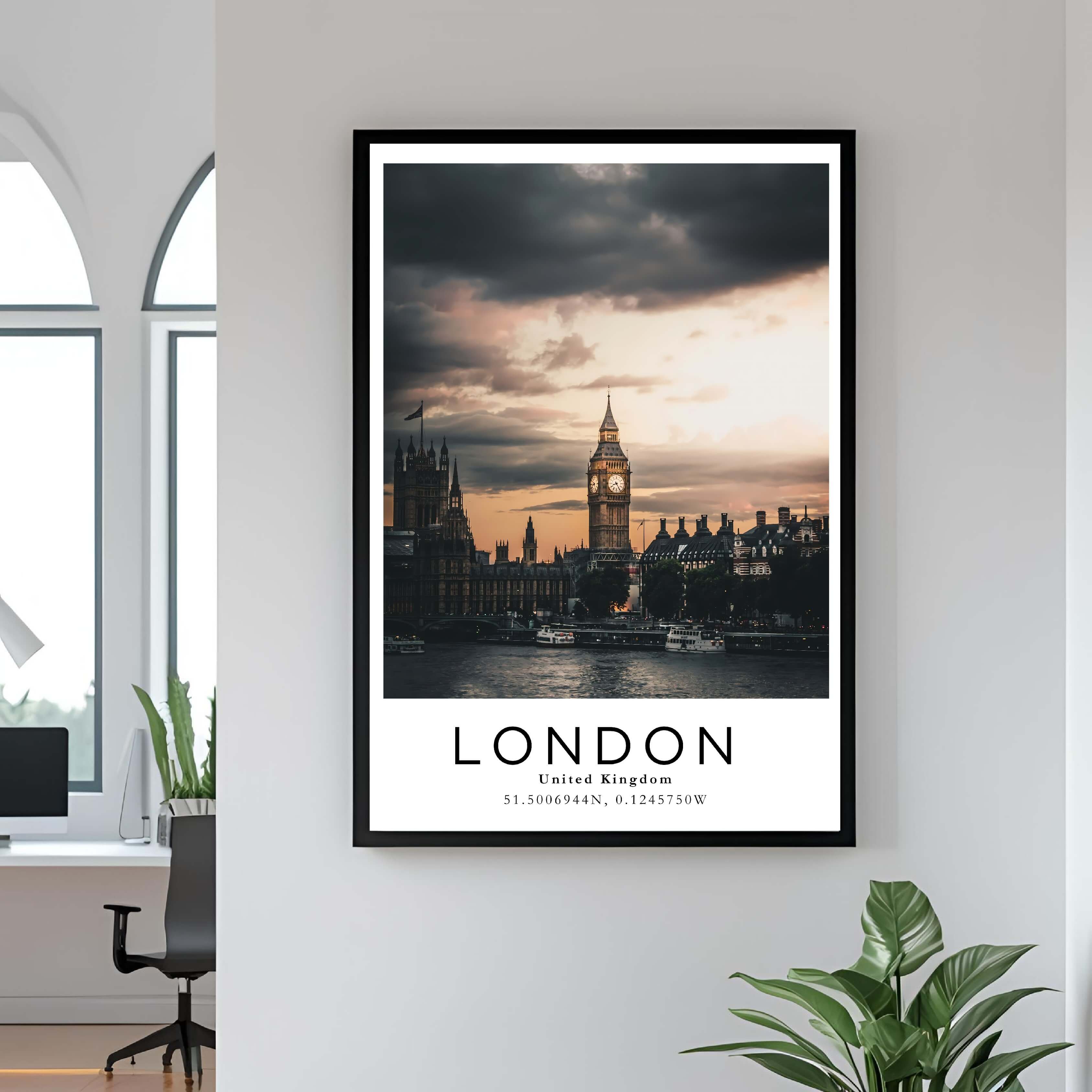 A close-up shot of the premium framed London poster, highlighting the fine print quality and the durable construction of the frame.