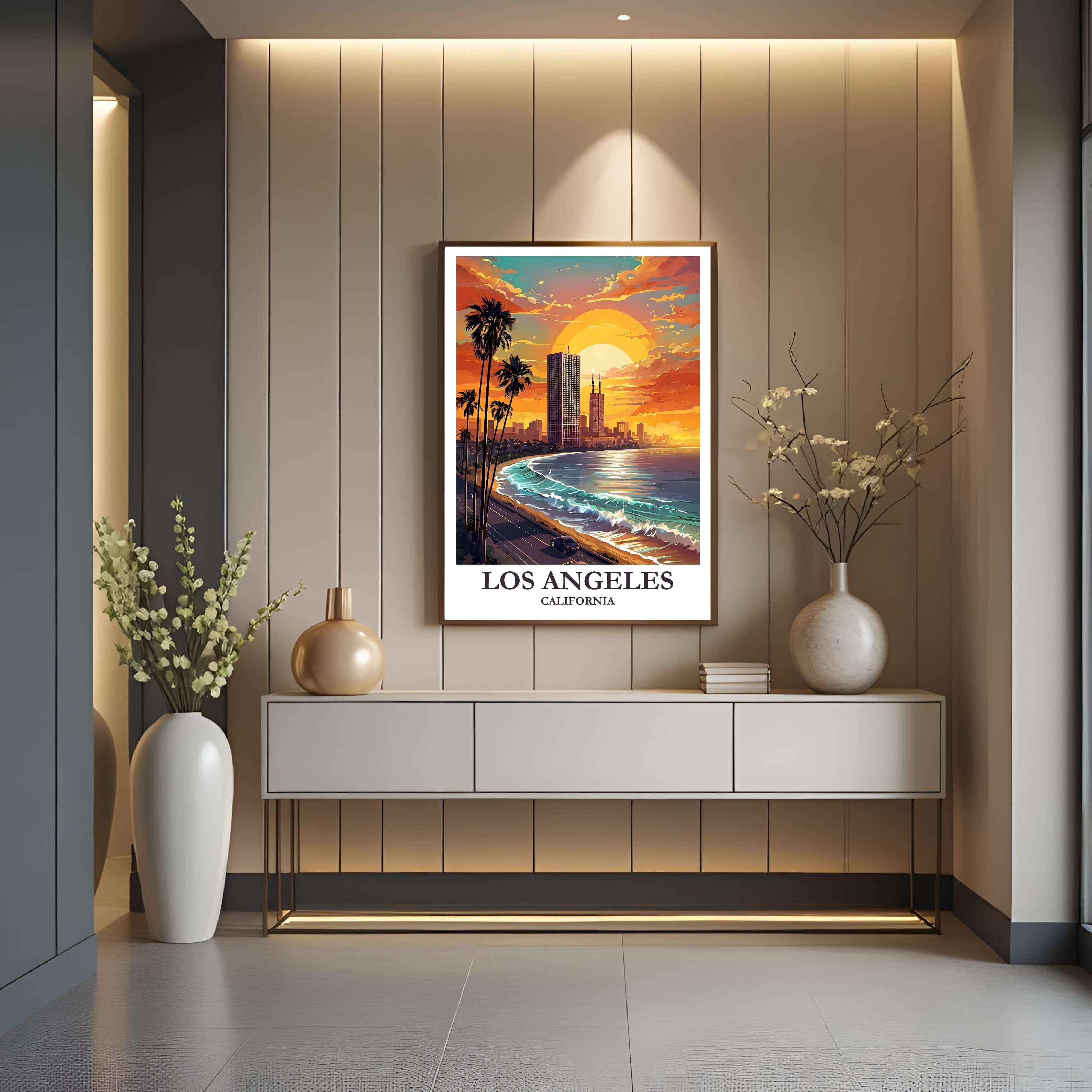 A close-up shot of the premium framed Los Angeles poster, highlighting the fine print quality and the detailed illustration of the skyline and ocean.