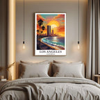 A close-up shot of the premium framed Los Angeles poster, highlighting the fine print quality and the detailed illustration of the skyline and ocean.