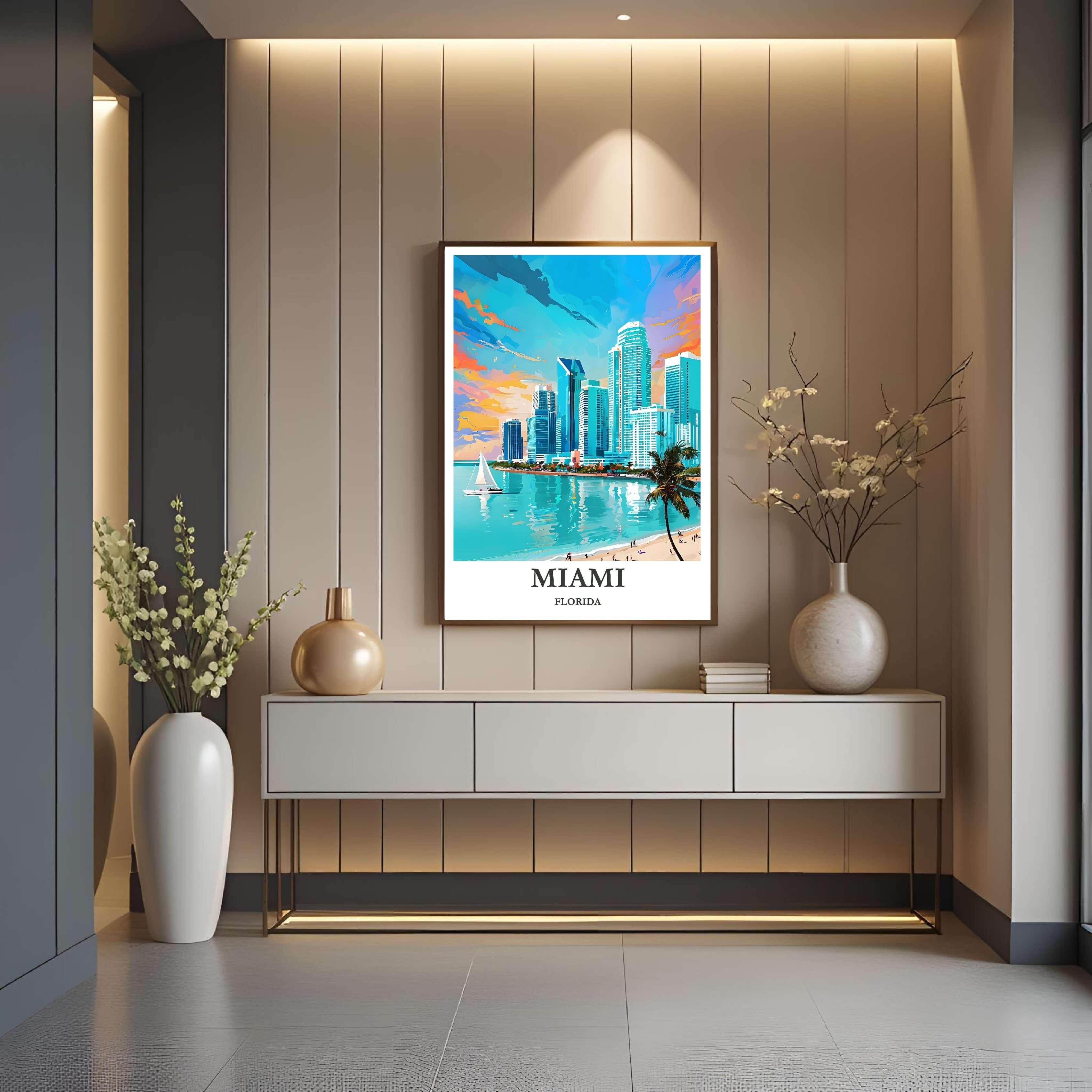 A close-up shot of the premium framed Miami poster, highlighting the fine print quality and the detailed illustration of the buildings and beach.