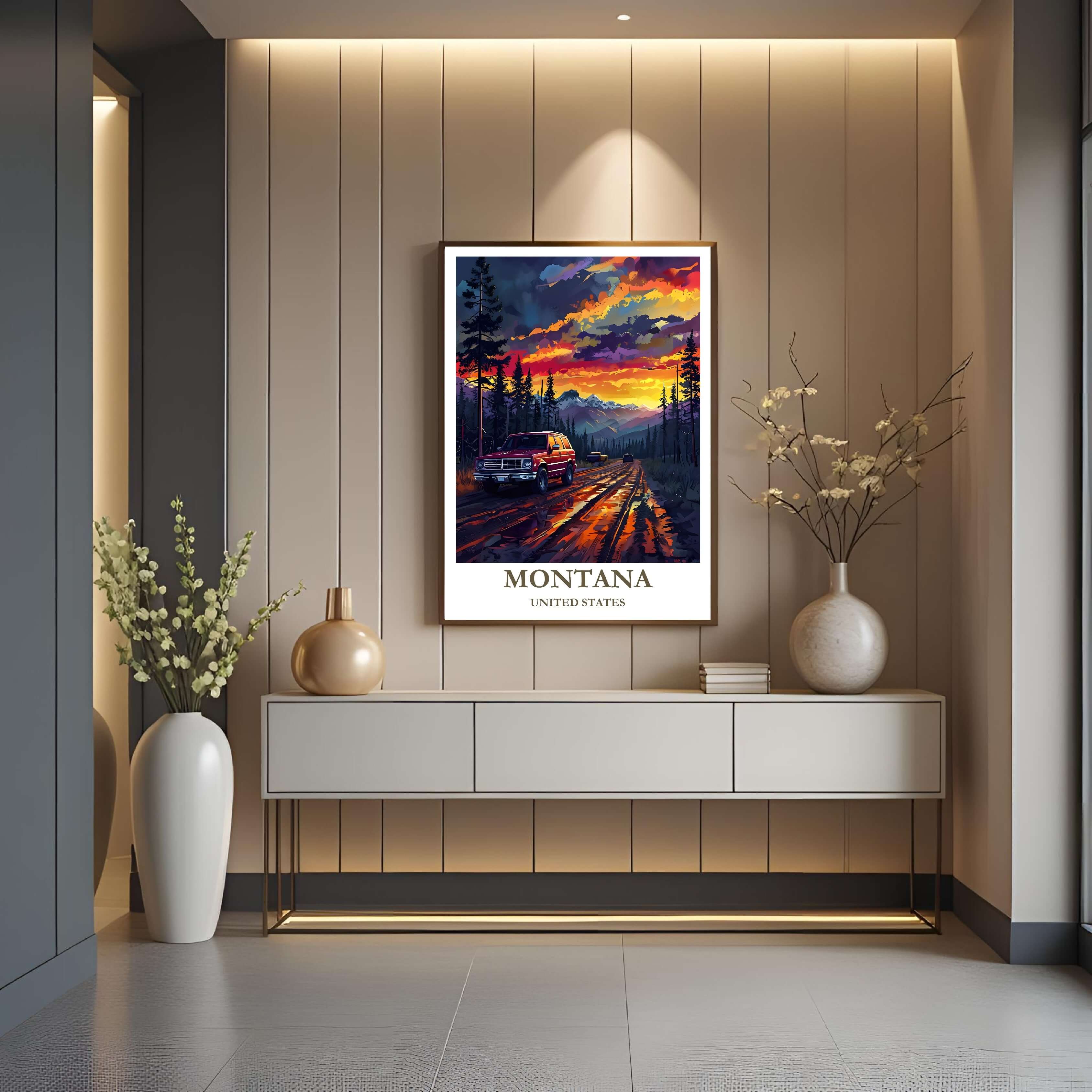 A close-up shot of the premium framed Montana poster, highlighting the fine print quality and the detailed illustration of the road and mountains.