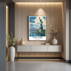 A close-up shot of the premium framed New York poster, highlighting the fine print quality and the detailed illustration of the statue and skyscrapers.