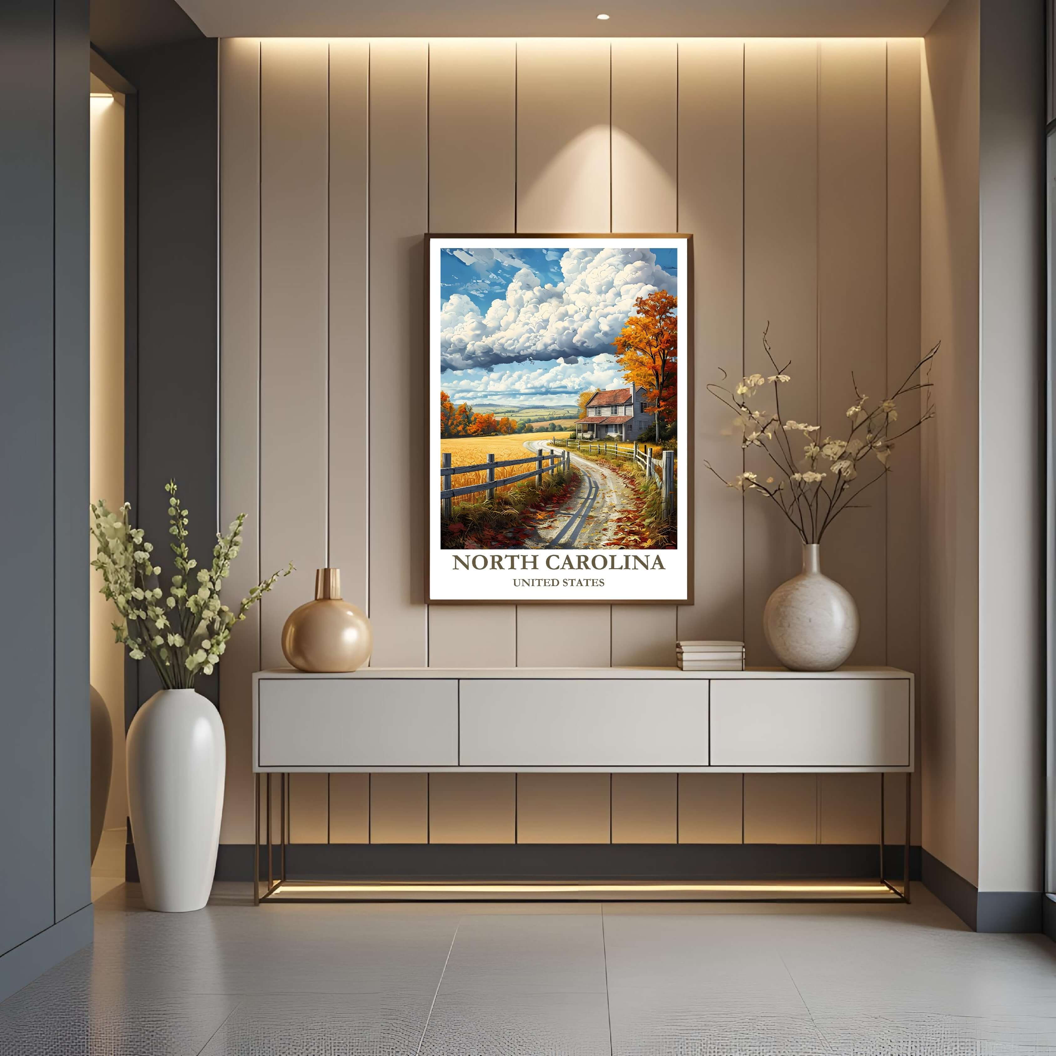 A close-up shot of the premium framed North Carolina poster, highlighting the fine print quality and the detailed illustration of the farmhouse and fields.