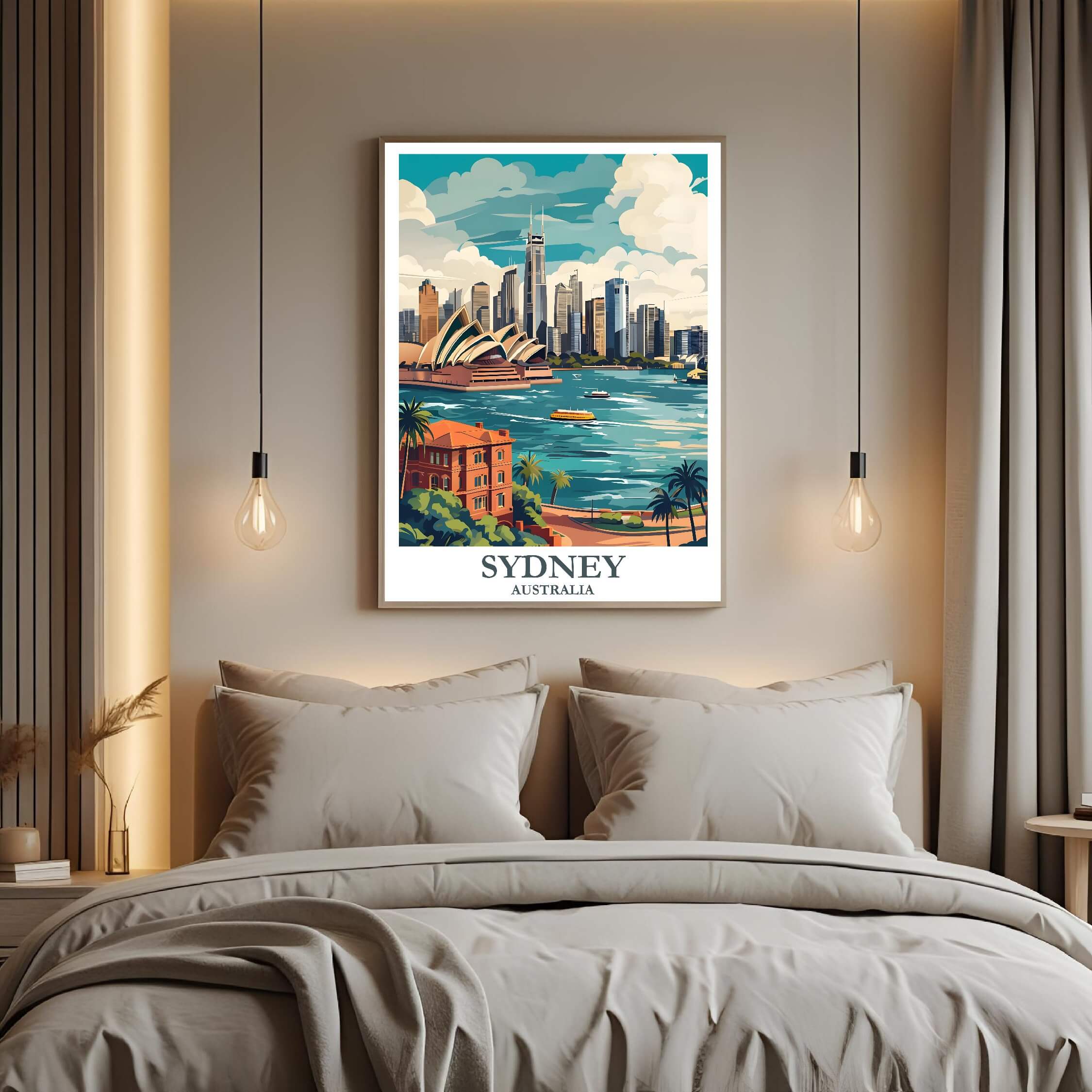 A close-up shot of the premium framed Sydney poster, highlighting the fine print quality and the detailed illustration of the Opera House's sail architecture.