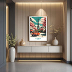 A close-up shot of the premium framed Paris poster, highlighting the fine print quality and the detailed illustration of the Eiffel Tower and Seine.