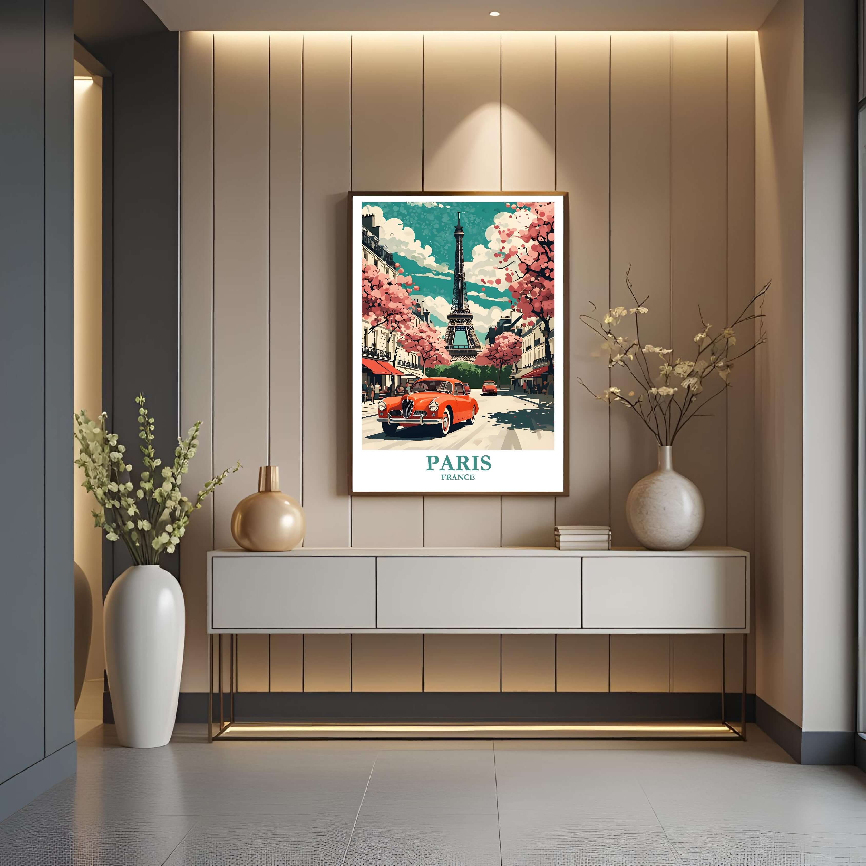 A close-up shot of the premium framed Paris poster, highlighting the fine print quality and the detailed illustration of the Eiffel Tower and Seine.