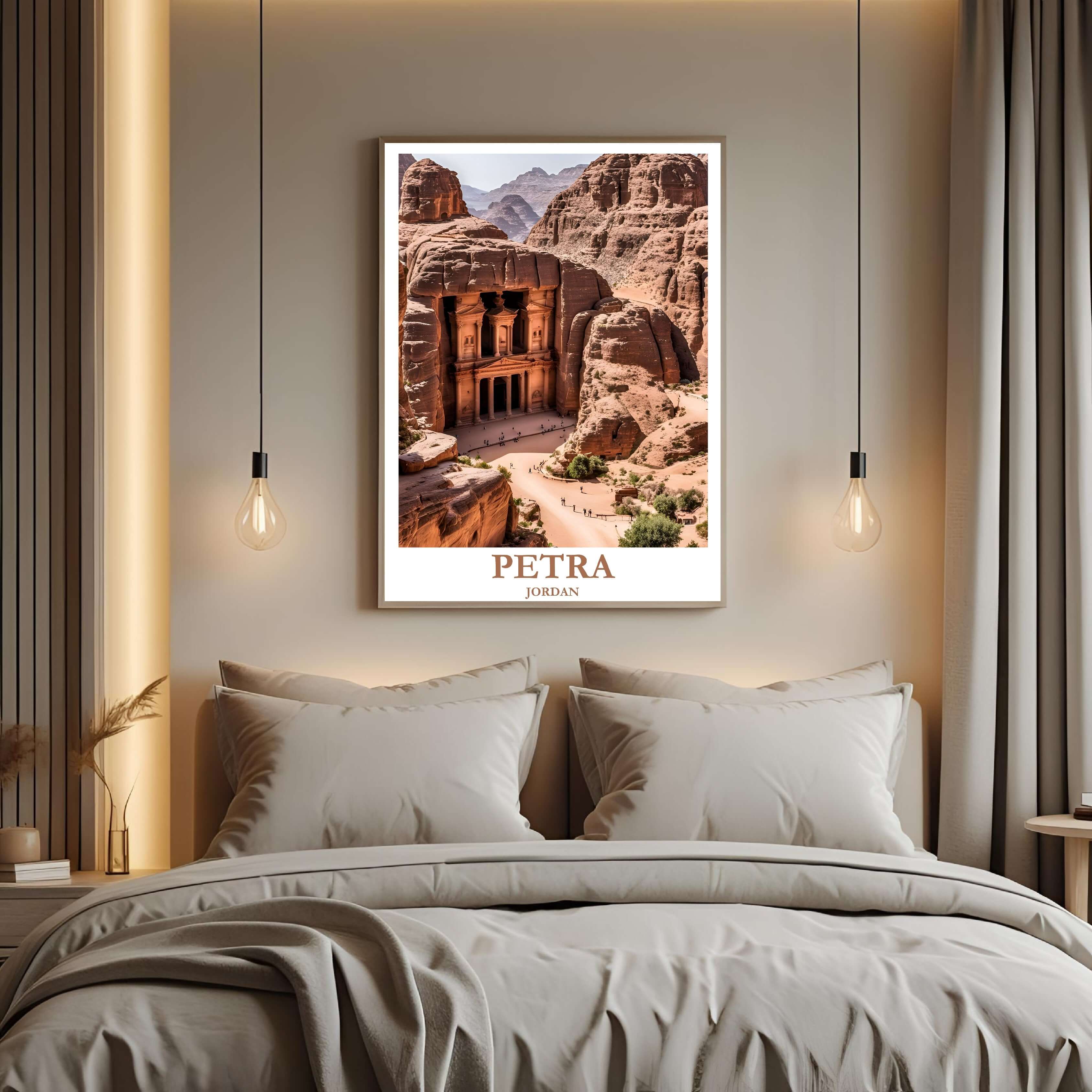 A close-up shot of the premium framed Petra poster, highlighting the intricate details of the carved Treasury facade and the desert colors.