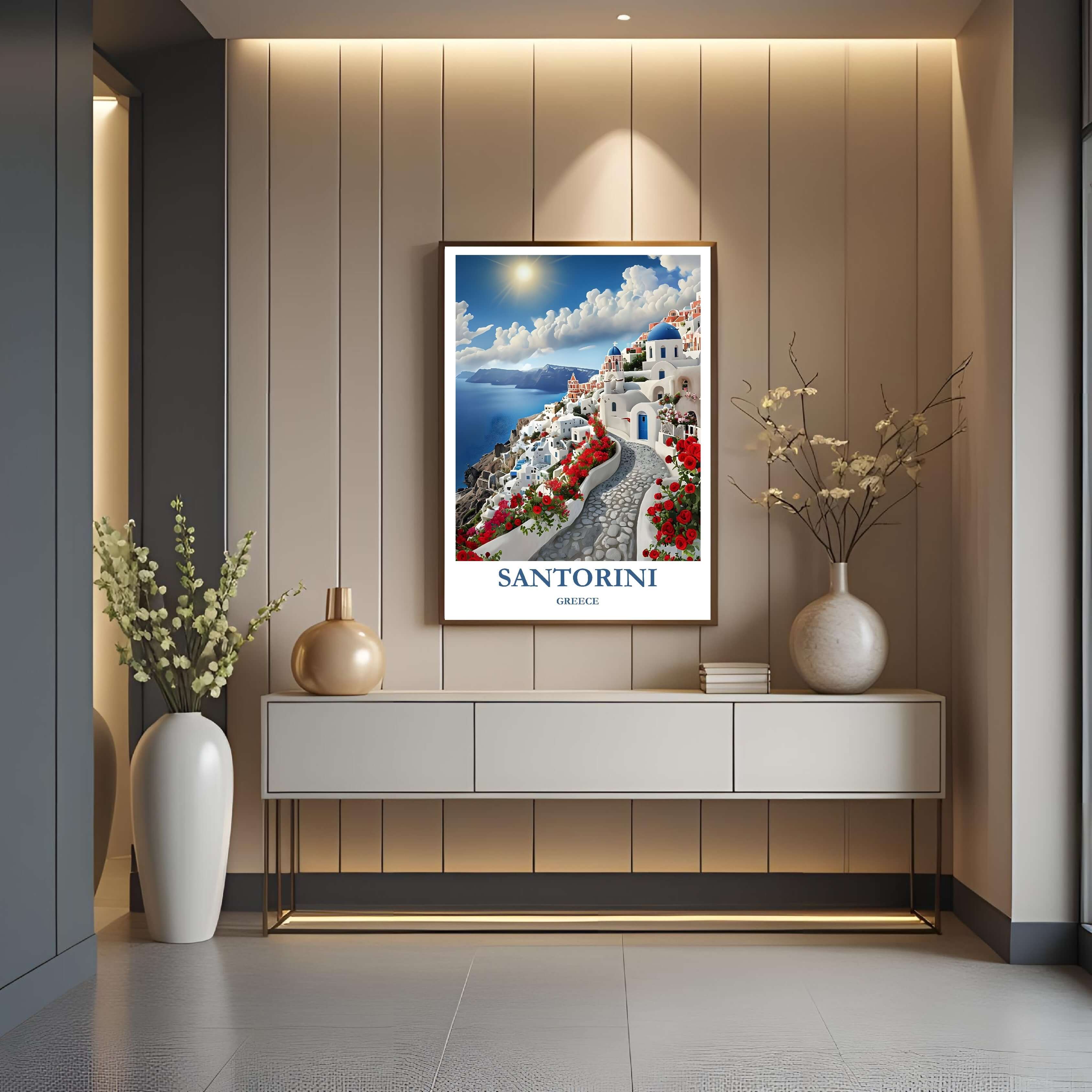 A close-up shot of the premium framed Santorini poster, highlighting the fine print quality and the detailed illustration of the red roses along the cobblestone path.