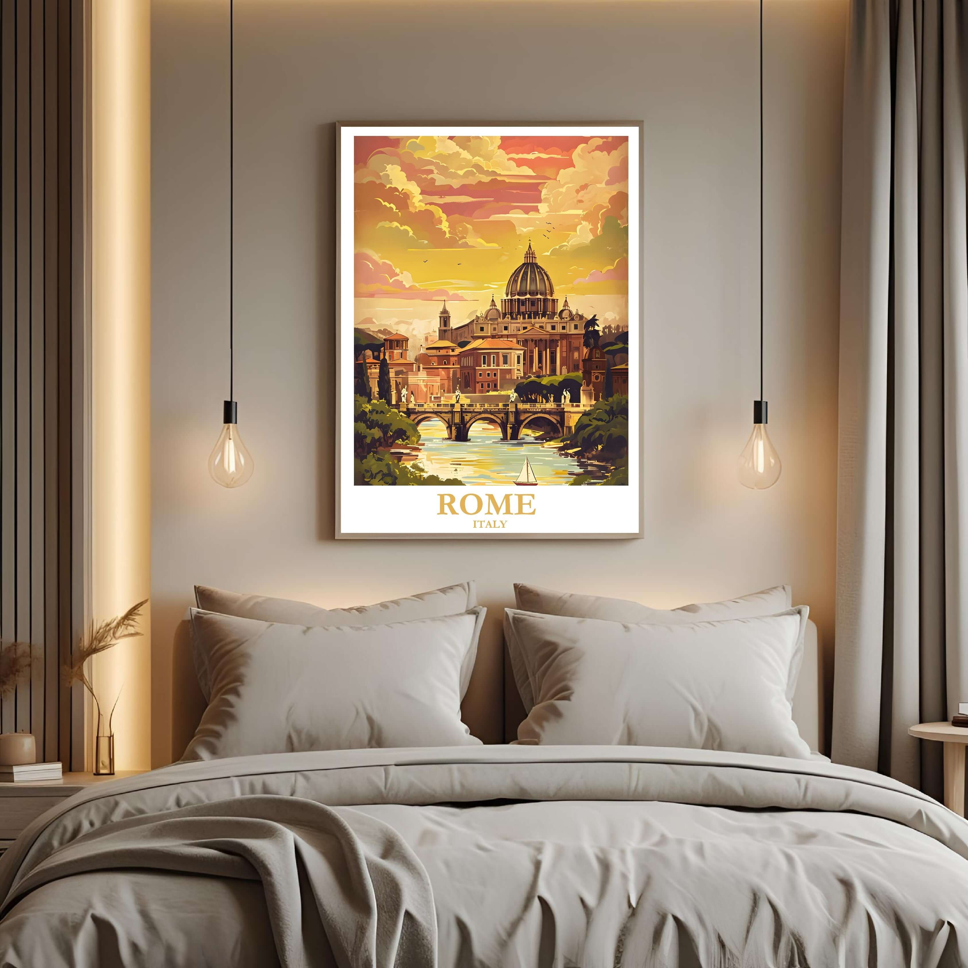A close-up shot of the premium framed Rome poster, highlighting the fine print quality and the detailed illustration of the Basilica dome and river.