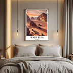 A close-up shot of the premium framed Wadi Rum poster, highlighting the fine print quality and the detailed texture of the desert sand and rock formations