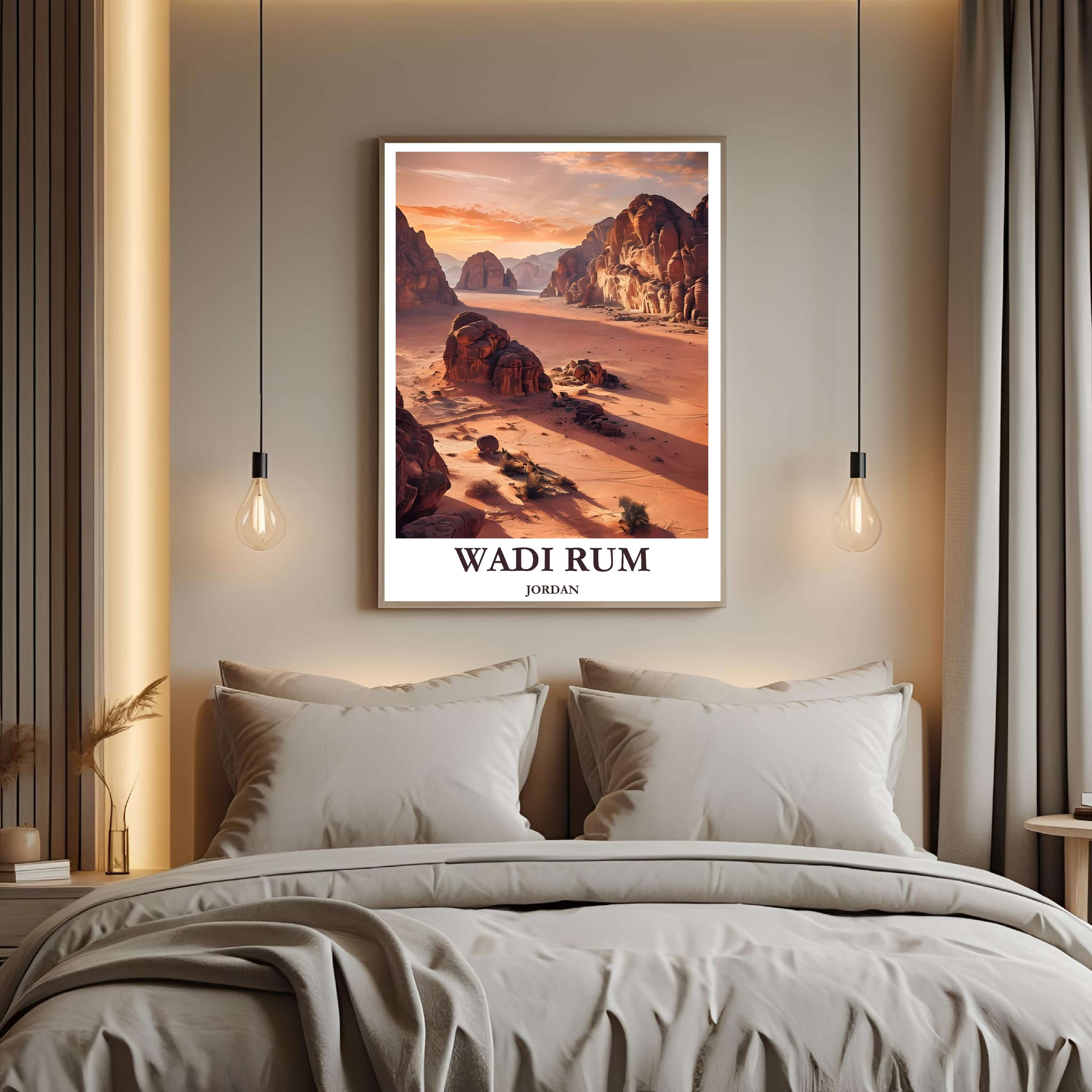 A close-up shot of the premium framed Wadi Rum poster, highlighting the fine print quality and the detailed texture of the desert sand and rock formations