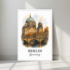 Watercolor-style print of the iconic Berlin Cathedral in a minimalist white frame. Captures the neoclassical and Baroque architectural history.