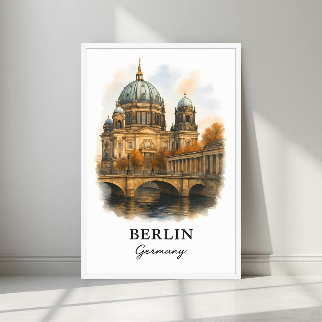 Watercolor-style print of the iconic Berlin Cathedral in a minimalist white frame. Captures the neoclassical and Baroque architectural history.