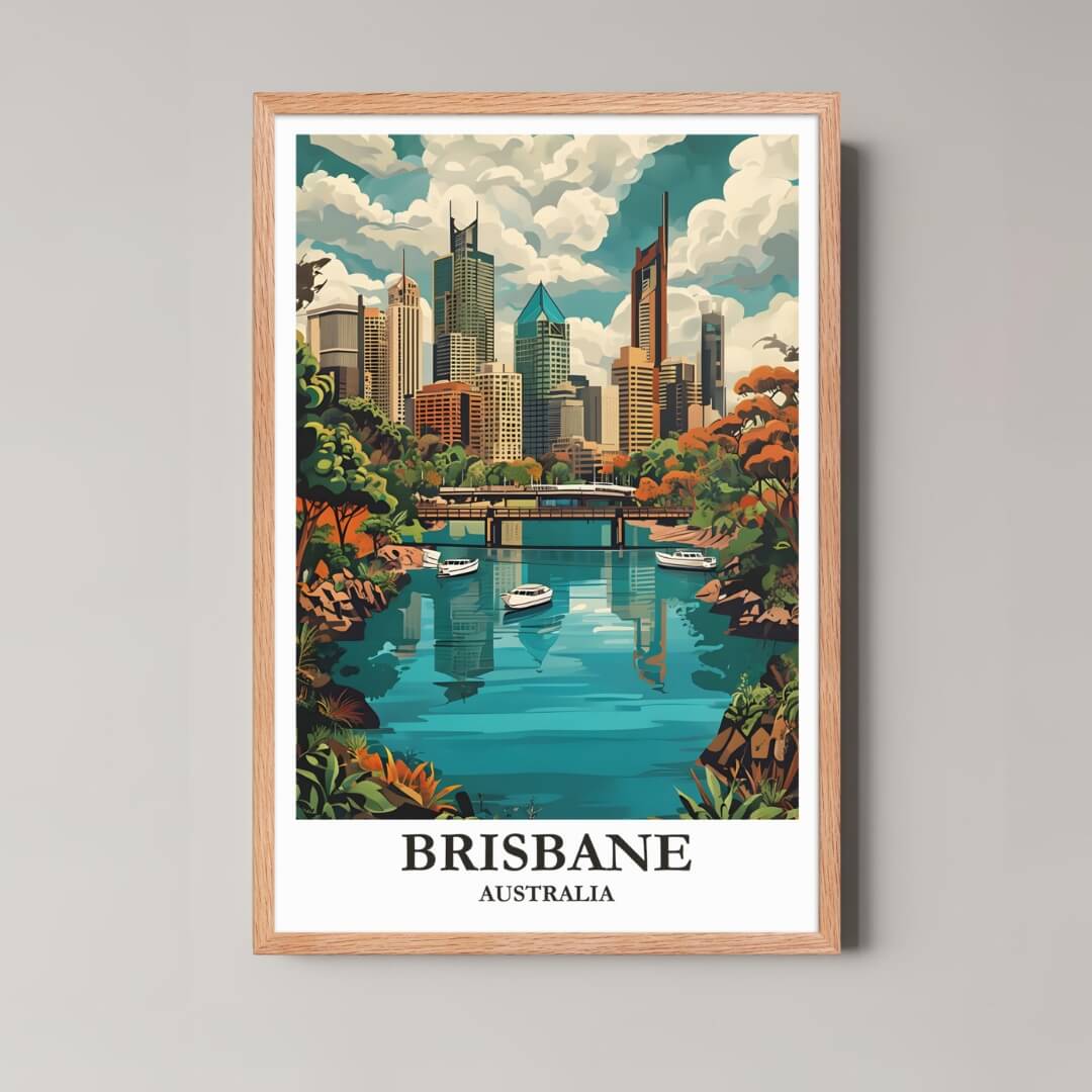 A framed illustration of the Brisbane Riverfront with a rustic red oak wood frame, highlighting the warm, outdoor lifestyle of the city.