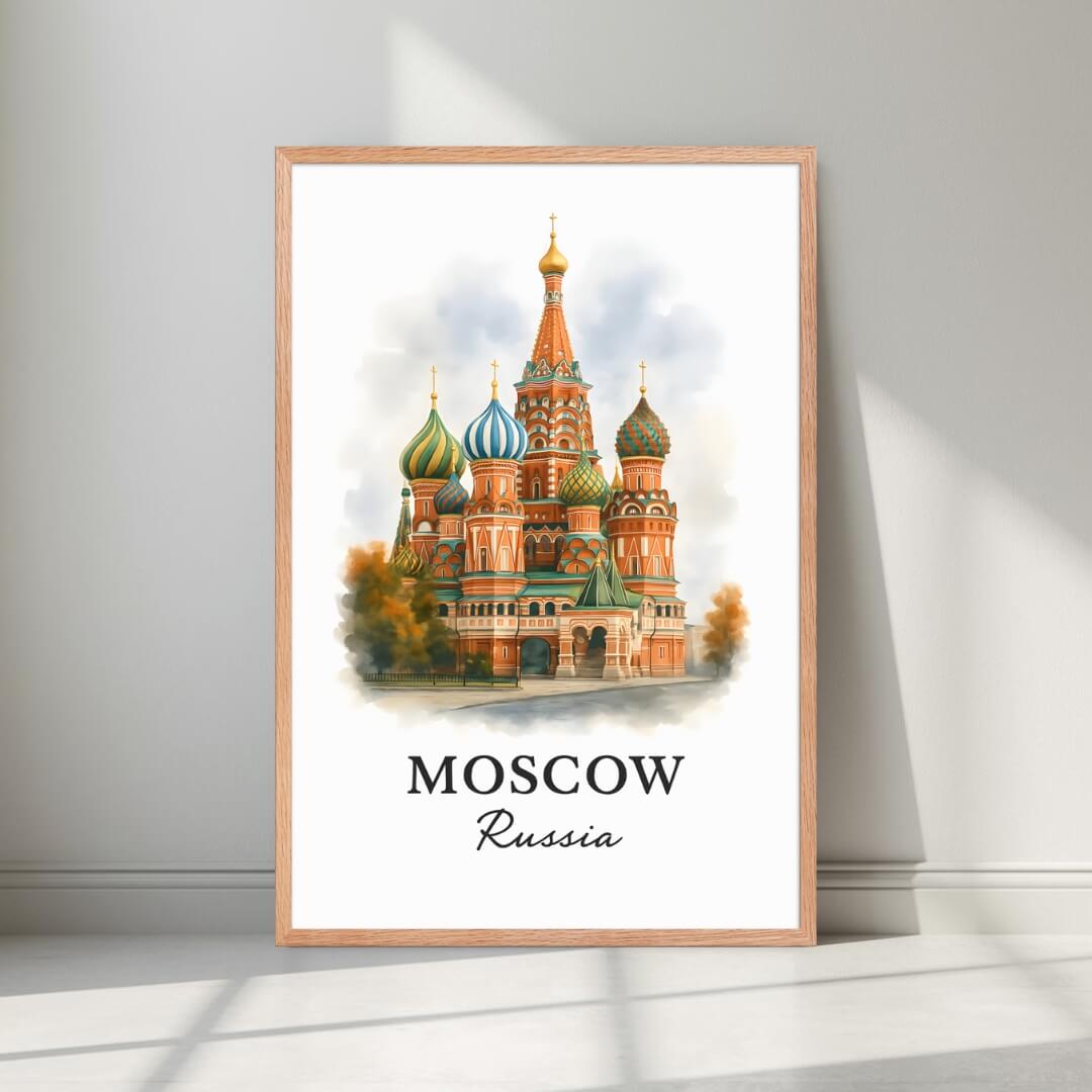 Framed St. Basil's art in a natural Red Oak wood frame. Emphasizes the rich colors and surrounding autumn tones.