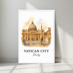 Art print of the iconic Vatican architecture in a minimalist white frame. Captures the timeless scale and spiritual significance of the landmark.