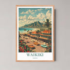 A framed illustration of the Waikiki street with classic cars and palm trees, using a rustic red oak wood frame, highlighting the vintage style and warm tones.