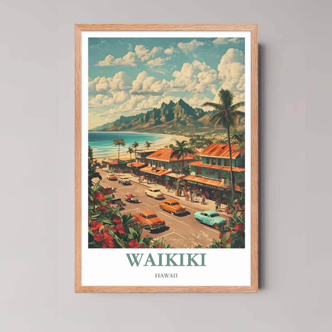 A framed illustration of the Waikiki street with classic cars and palm trees, using a rustic red oak wood frame, highlighting the vintage style and warm tones.