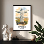 Framed Christ the Redeemer print displayed as part of a curated gallery wall with other global prints. Shows how the art integrates with diverse luxury decor.