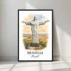 Framed art print of the Christ the Redeemer statue and Sugarloaf Mountain in Rio de Janeiro, Brazil in a sleek black Ayous wood frame. Ideal for luxury Latin American travel decor.