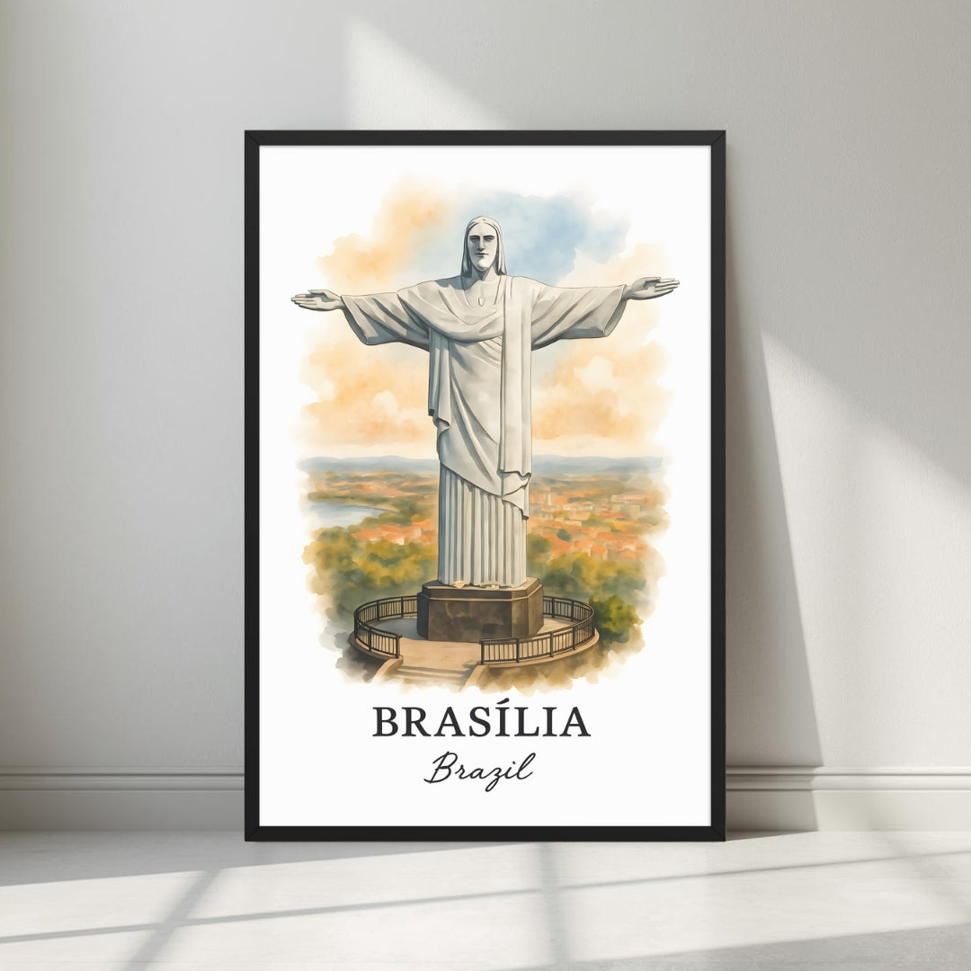 Framed art print of the Christ the Redeemer statue and Sugarloaf Mountain in Rio de Janeiro, Brazil in a sleek black Ayous wood frame. Ideal for luxury Latin American travel decor.