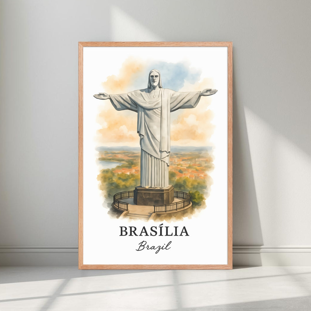 Framed Christ the Redeemer art in a natural Red Oak wood frame. Emphasizes the warm, sunset tones and coastal ambiance.