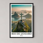 A framed, high-quality photo print of the Christ the Redeemer statue in Rio de Janeiro overlooking the bay and Sugarloaf Mountain, in a classic black frame.