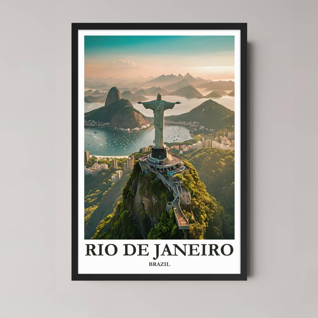 A framed, high-quality photo print of the Christ the Redeemer statue in Rio de Janeiro overlooking the bay and Sugarloaf Mountain, in a classic black frame.