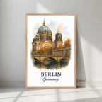 Framed Berlin Cathedral art in a natural Red Oak wood frame. Emphasizes the warm, historical tones of the waterfront.