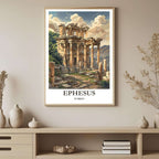 A framed art print depicting the stunning ruins of Ephesus and the surrounding Turkish landscape, styled to complement an elegant, cultured interior.