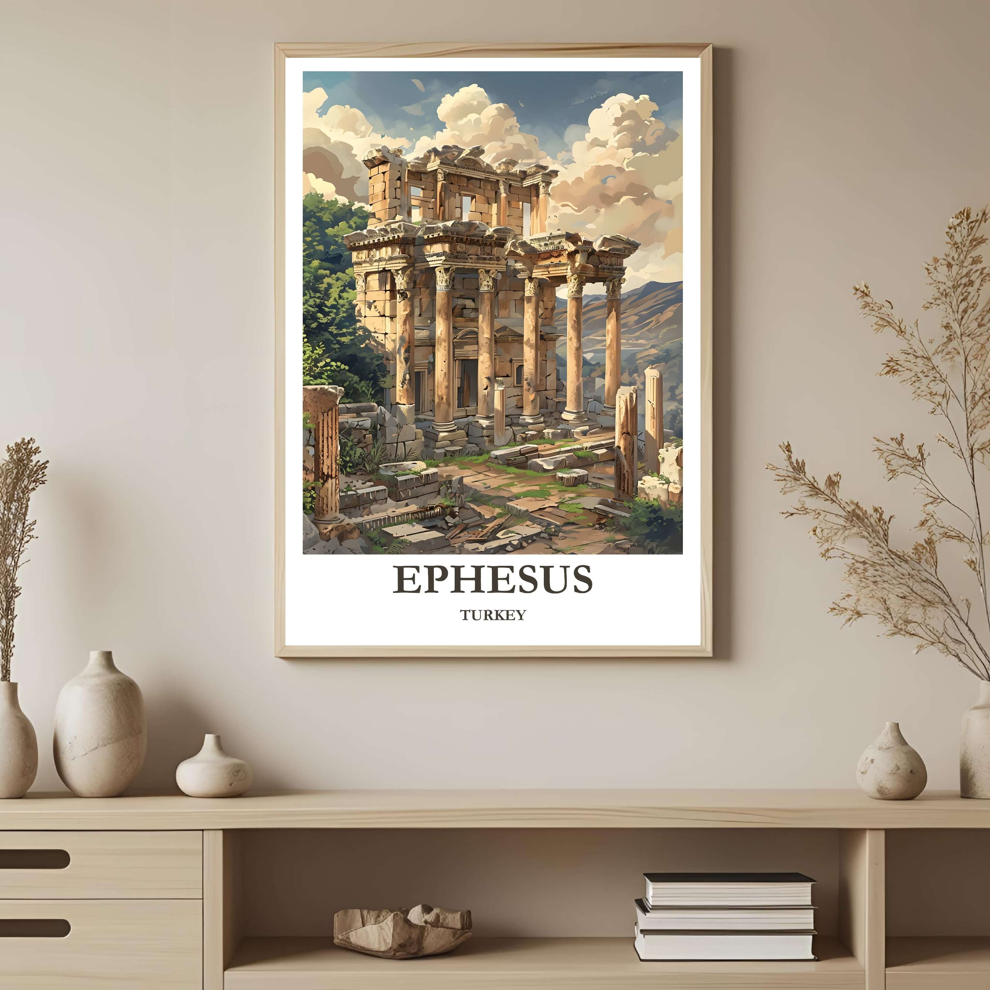 A framed art print depicting the stunning ruins of Ephesus and the surrounding Turkish landscape, styled to complement an elegant, cultured interior.