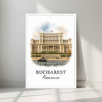 Art print of the colossal Bucharest landmark in a minimalist white frame. Captures the unique scale and historical importance of the capital.