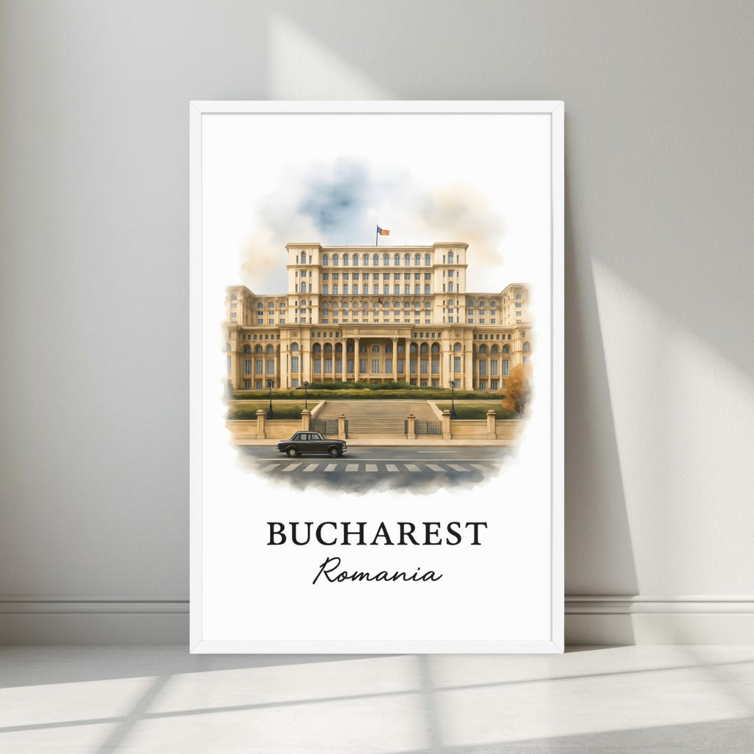 Art print of the colossal Bucharest landmark in a minimalist white frame. Captures the unique scale and historical importance of the capital.