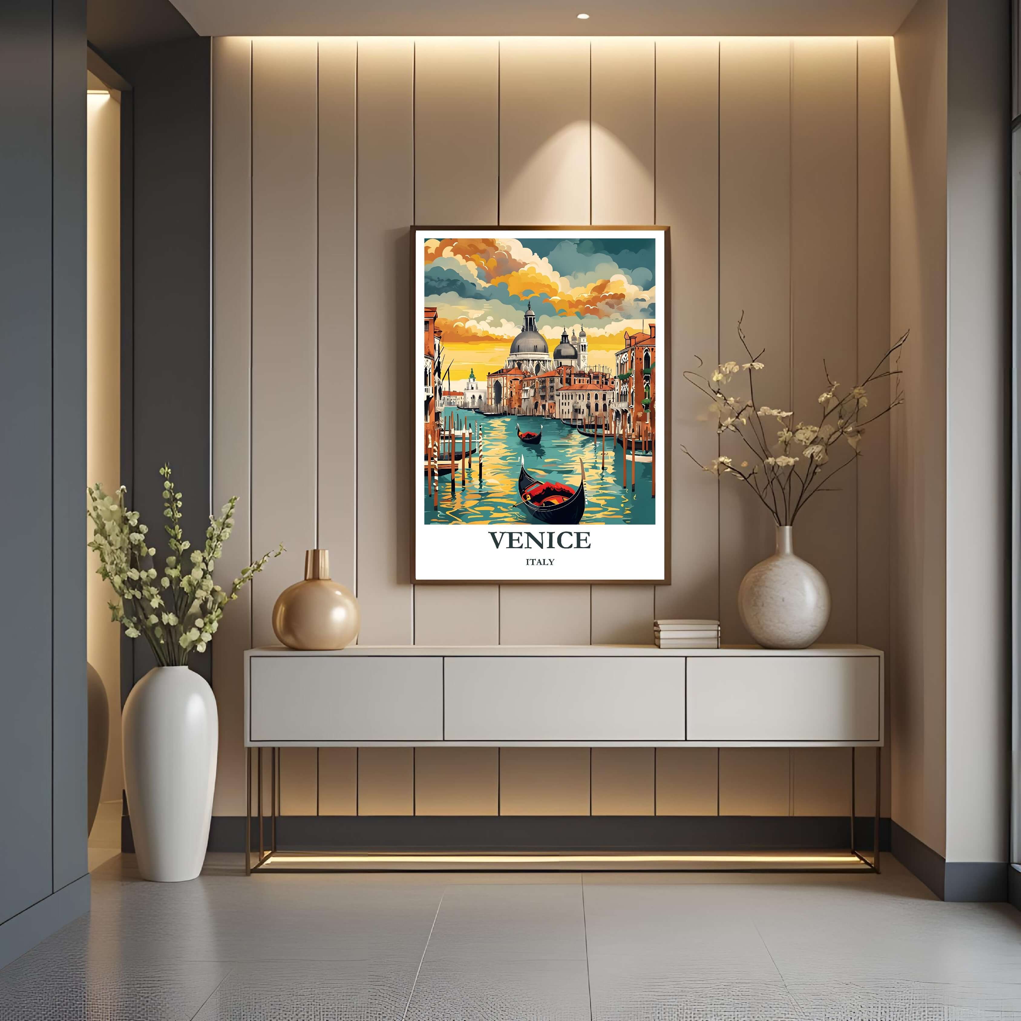 A framed art print depicting the serene, historic view of Venice, styled to complement a sophisticated, romantic, and tranquil bedroom interior.