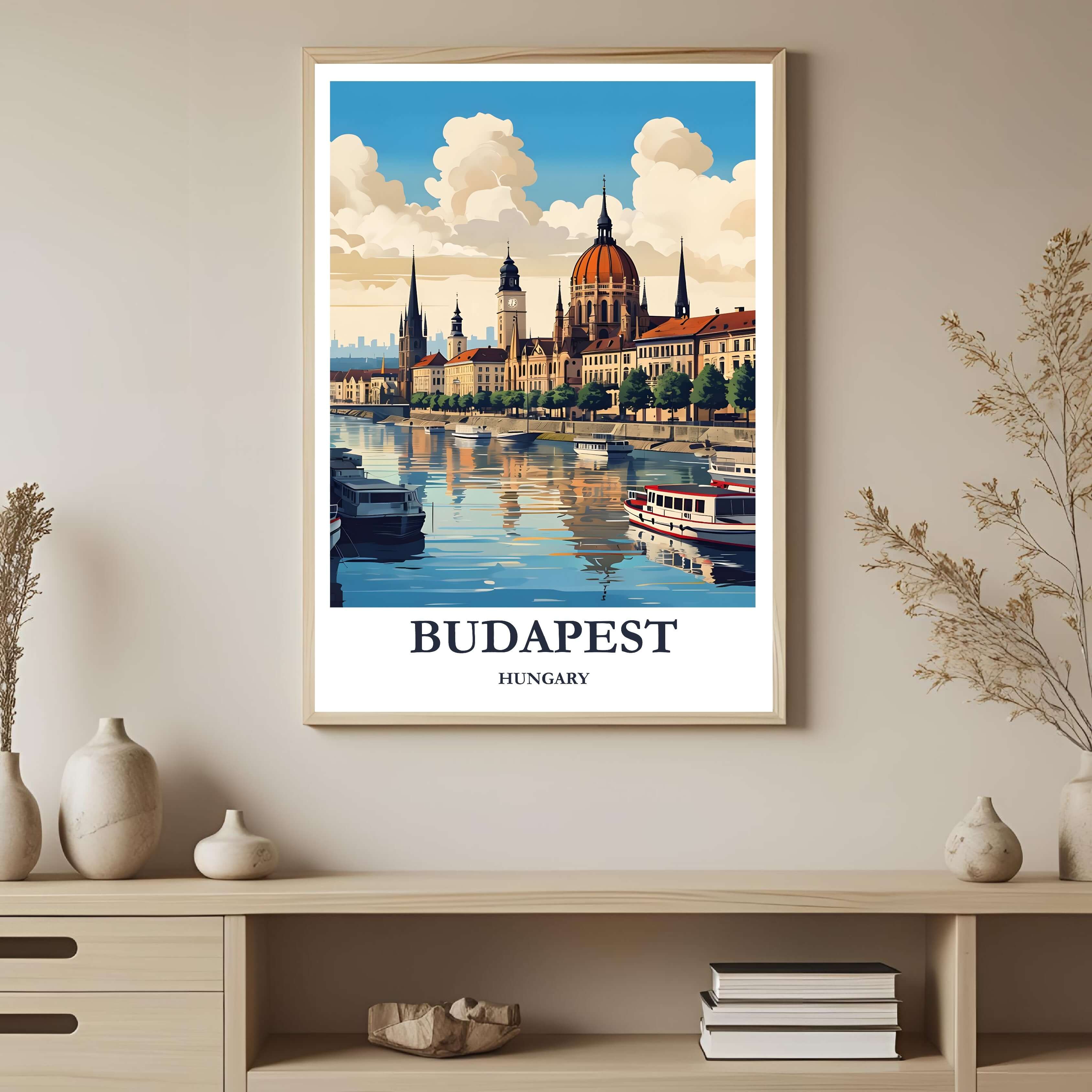 A framed art print depicting a vibrant Budapest cityscape reflected on the river, styled to complement a light and elegant interior.