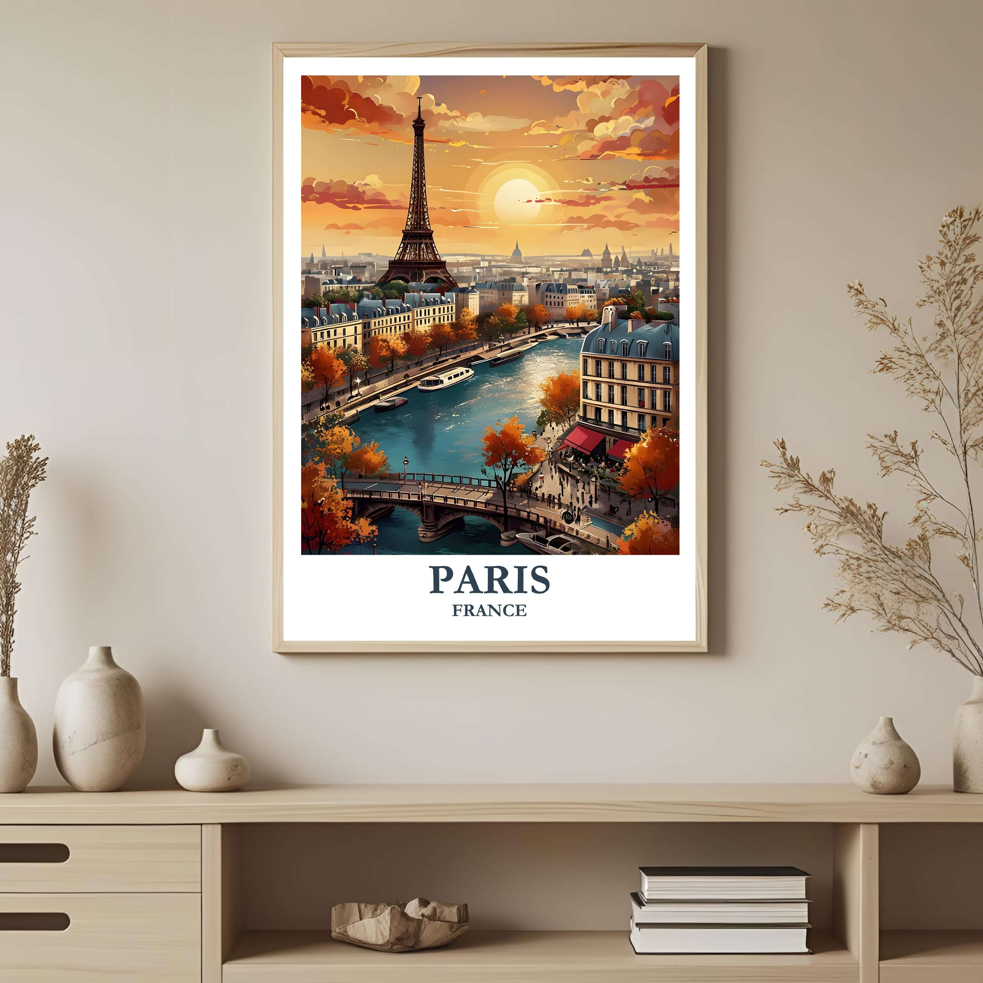 A framed art print with a beautiful illustration of Paris at sunset, featuring the Eiffel Tower, styled to complement a romantic or cozy interior.