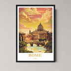 A framed, vibrant illustration of Rome, Italy, featuring St. Peter's Basilica and a bridge over the Tiber River at sunset, displayed in a classic black frame.