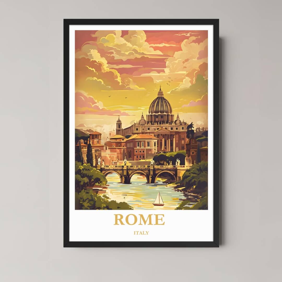 A framed, vibrant illustration of Rome, Italy, featuring St. Peter's Basilica and a bridge over the Tiber River at sunset, displayed in a classic black frame.