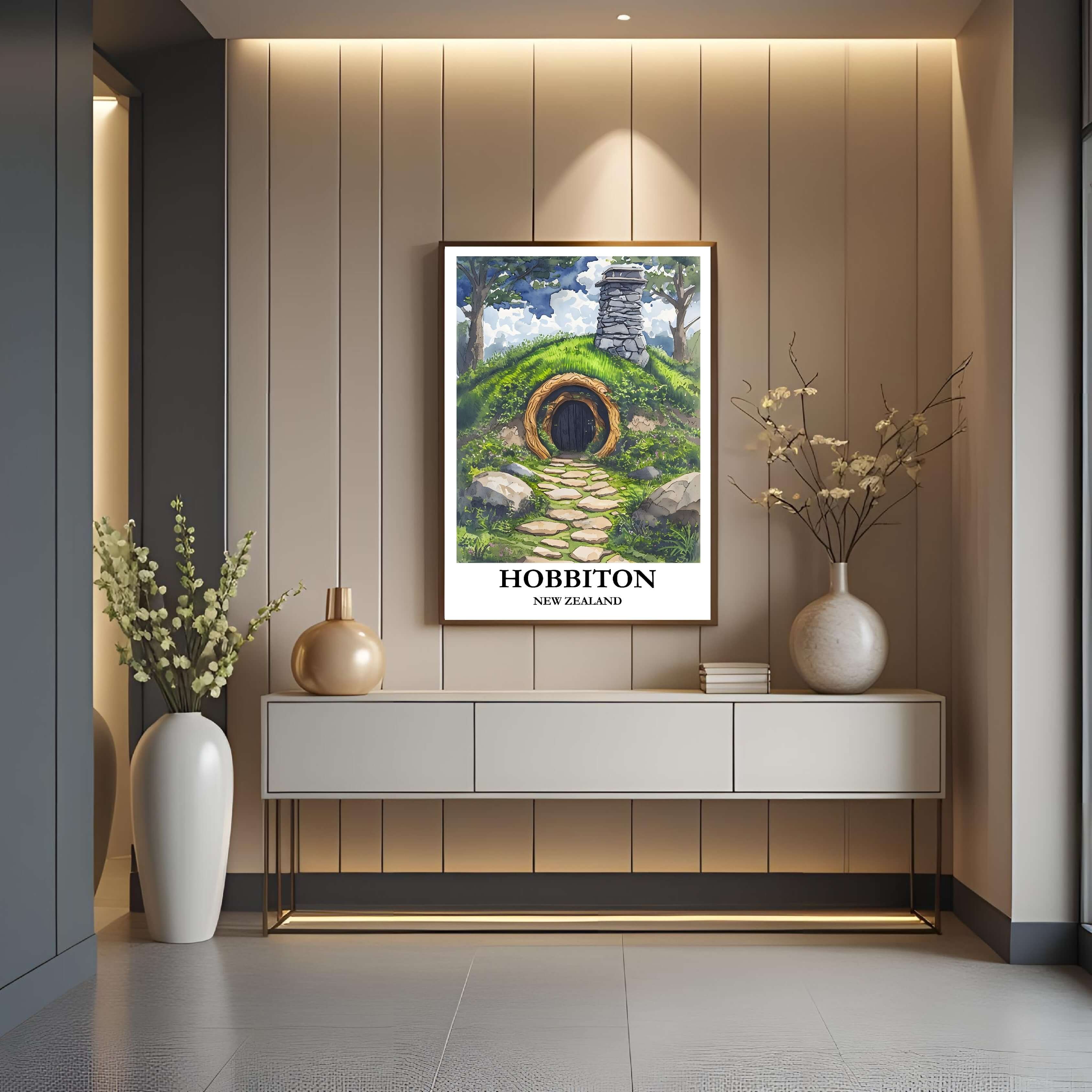 A framed art print of the Hobbiton entrance decorating a bedroom wall, creating a peaceful, adventure-inspired atmosphere.