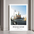 A framed art print of Moscow’s skyline with Saint Basil's Cathedral, featuring a minimalist white frame.