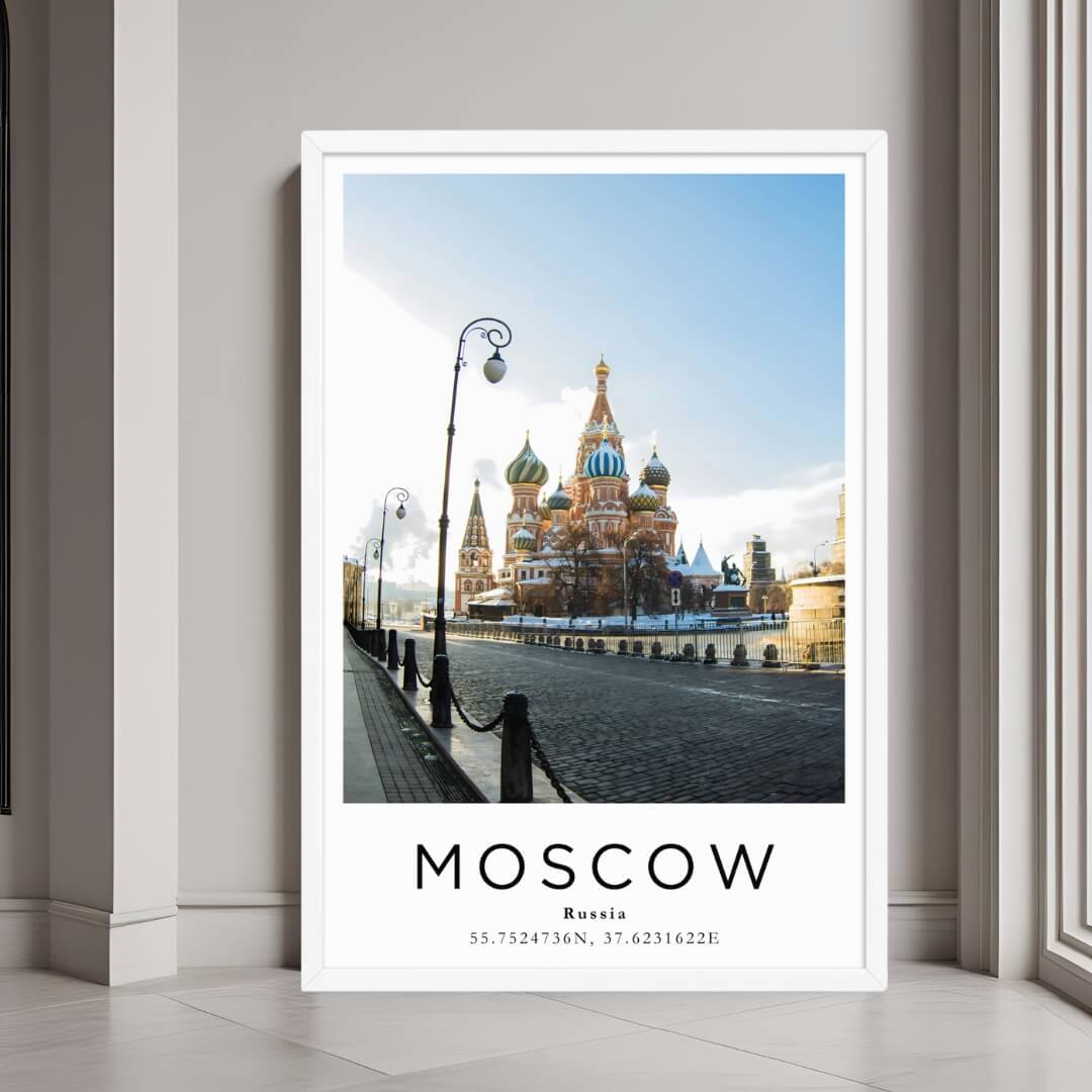 A framed art print of Moscow’s skyline with Saint Basil's Cathedral, featuring a minimalist white frame.