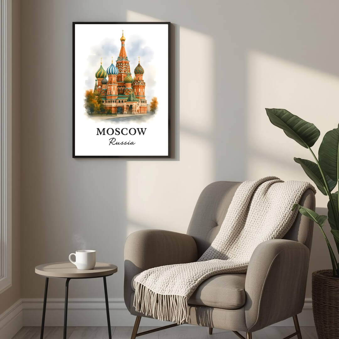 Framed St. Basil's Cathedral print displayed as part of a curated European gallery wall. Shows seamless integration into luxury decor collections.