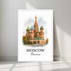 Watercolor-style print of the colorful onion domes of St. Basil's in a minimalist white frame. Captures the vibrant cultural heritage of Moscow.