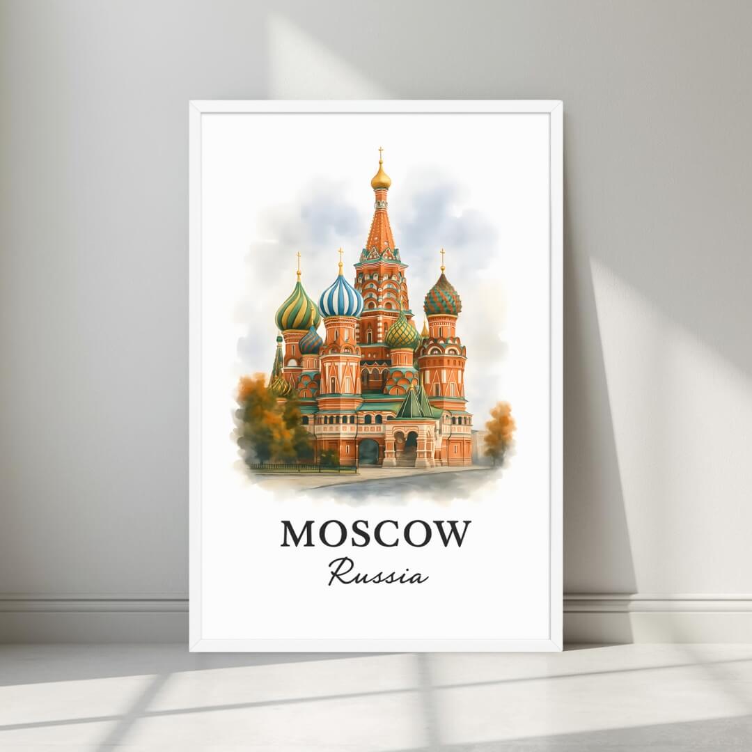 Watercolor-style print of the colorful onion domes of St. Basil's in a minimalist white frame. Captures the vibrant cultural heritage of Moscow.