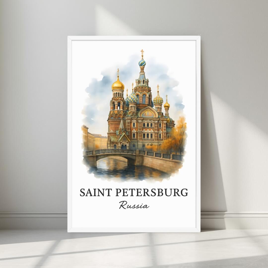 Watercolor-style print of the vibrant Saint Petersburg landmark in a minimalist white frame. Captures the ornate domes and colorful architecture.
